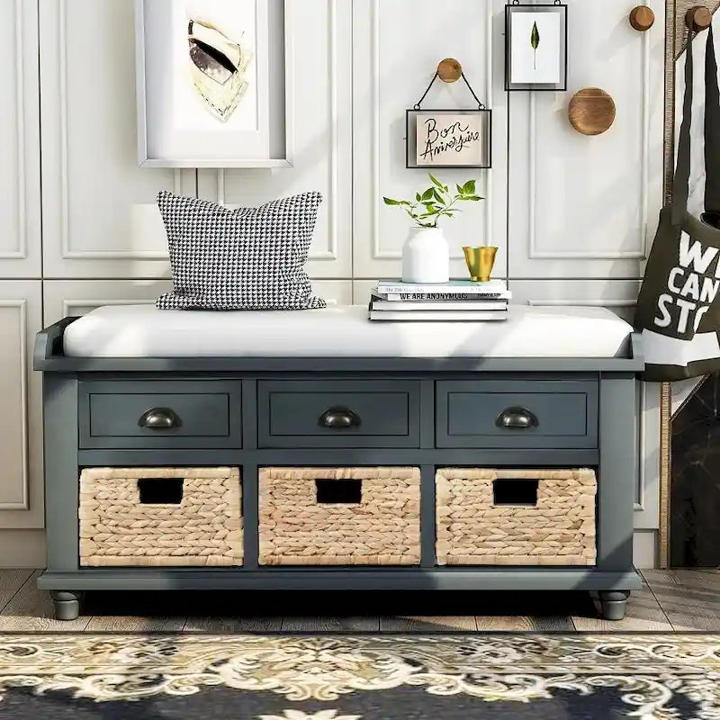 Banc de rangement rustique avec 3 tiroirs et 3 paniers en rotin, banc à chaussures pour salon, entrée