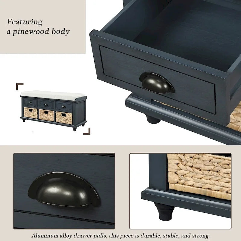 Banc de rangement rustique avec 3 tiroirs et 3 paniers en rotin, banc à chaussures pour salon, entrée