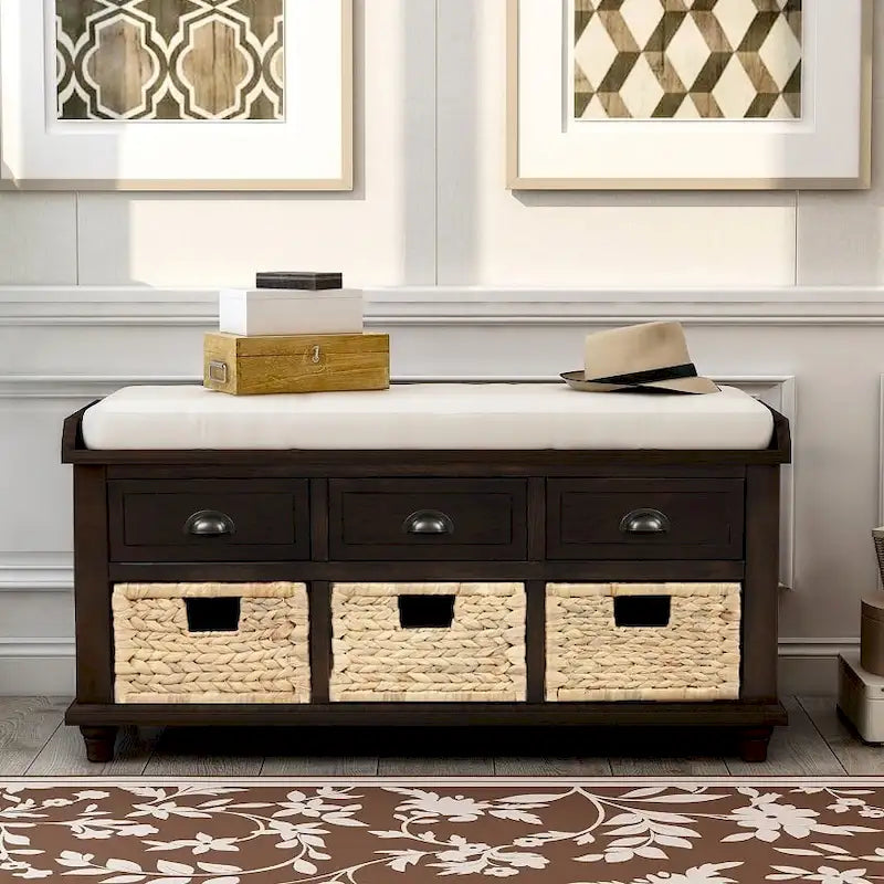 Banc de rangement rustique avec 3 tiroirs et 3 paniers en rotin, banc à chaussures pour salon, entrée