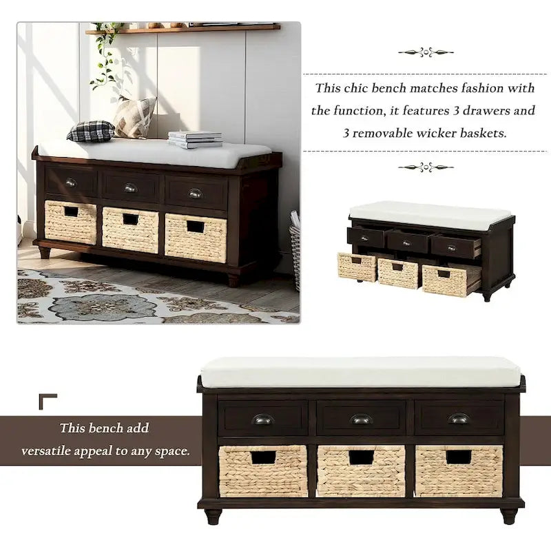 Banc de rangement rustique avec 3 tiroirs et 3 paniers en rotin, banc à chaussures pour salon, entrée
