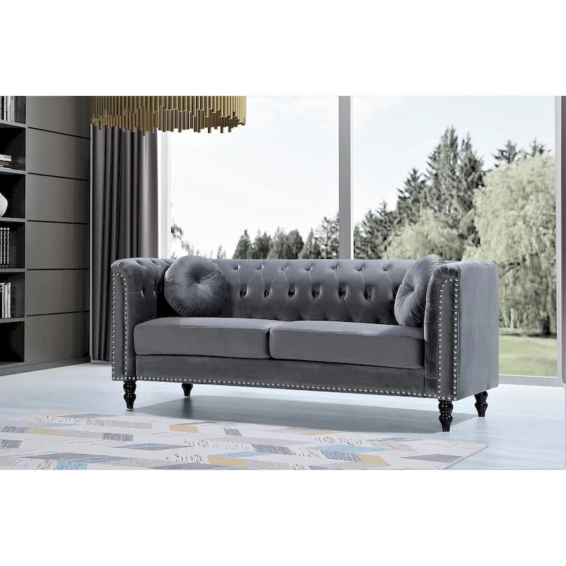 US Pride Vivian Classic Velvet Kittleson Nailhead Chesterfield Sofa