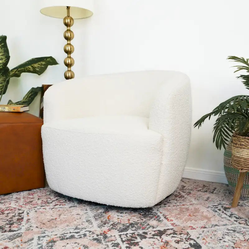 Fauteuil pivotant Belinda en tissu bouclé, style milieu de siècle moderne