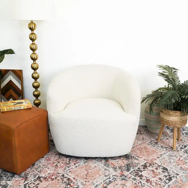 Fauteuil pivotant Belinda en tissu bouclé, style milieu de siècle moderne