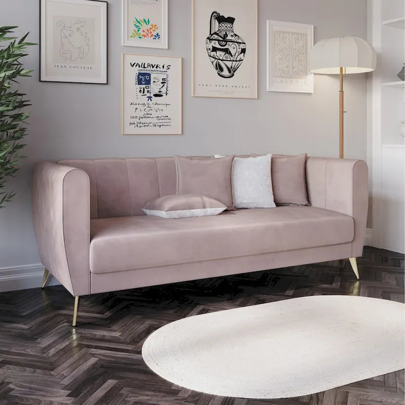 Canapé 3 places à accoudoirs évasés en velours Scarlett avec 4 coussins décoratifs