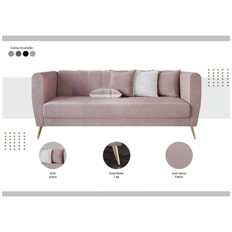 Canapé 3 places à accoudoirs évasés en velours Scarlett avec 4 coussins décoratifs
