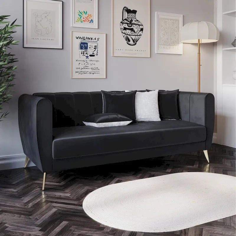Canapé 3 places à accoudoirs évasés en velours Scarlett avec 4 coussins décoratifs