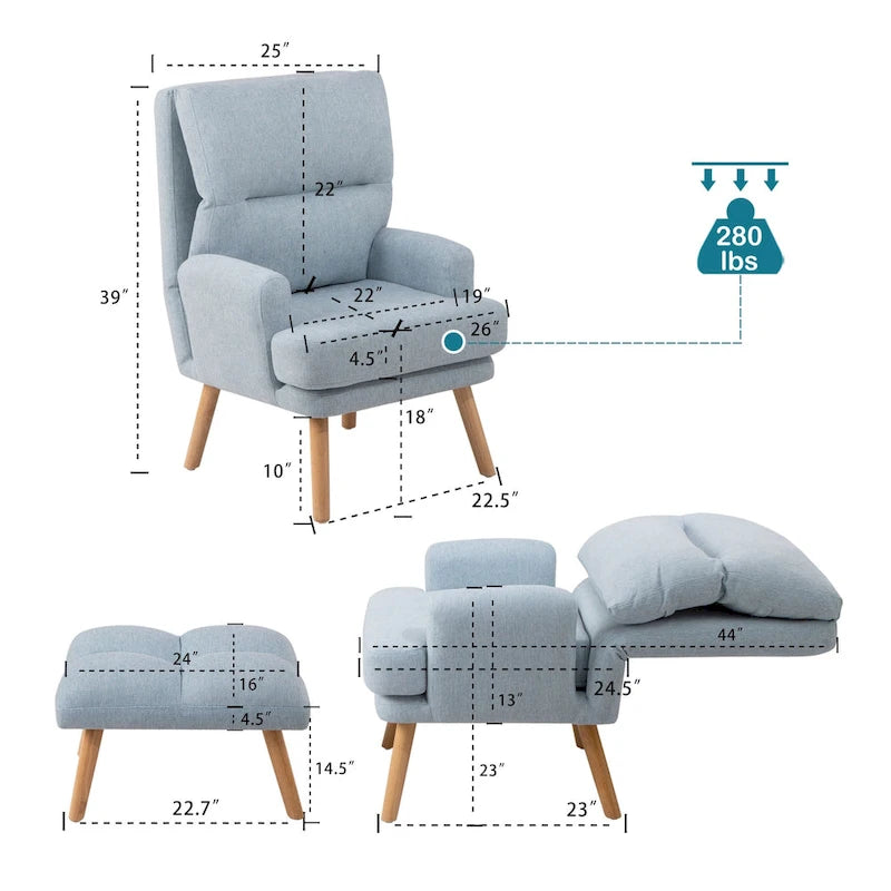 Accent Chair with Ottoman Set, Fabric Armchair with Wood Legs and Adjustable Backrest , Mid Century Modern Comfy Lounge Chair