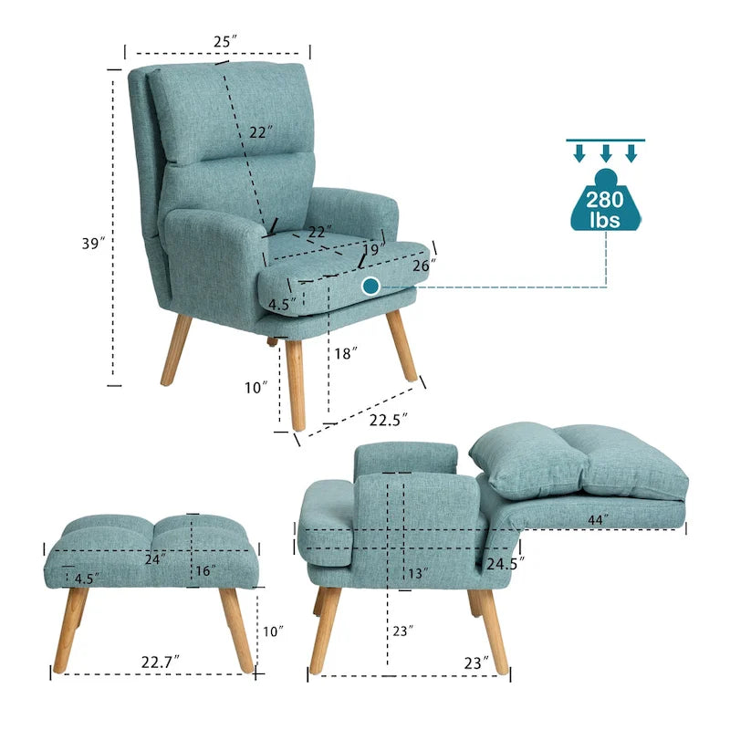 Accent Chair with Ottoman Set, Fabric Armchair with Wood Legs and Adjustable Backrest , Mid Century Modern Comfy Lounge Chair