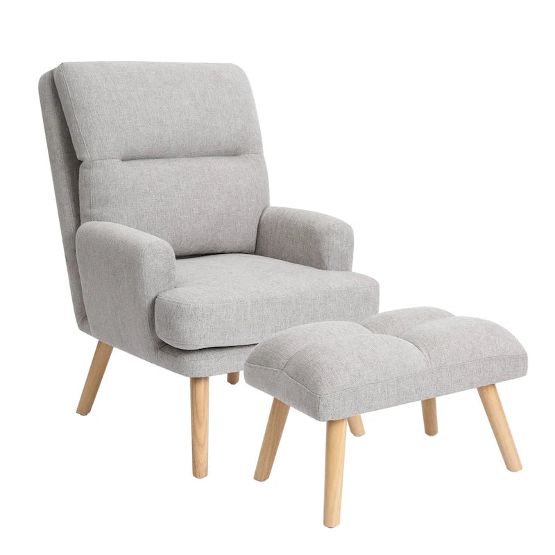 Accent Chair with Ottoman Set, Fabric Armchair with Wood Legs and Adjustable Backrest , Mid Century Modern Comfy Lounge Chair