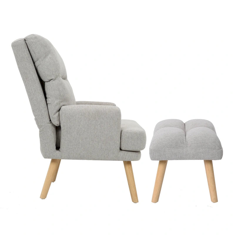 Accent Chair with Ottoman Set, Fabric Armchair with Wood Legs and Adjustable Backrest , Mid Century Modern Comfy Lounge Chair