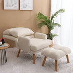 Accent Chair with Ottoman Set, Fabric Armchair with Wood Legs and Adjustable Backrest , Mid Century Modern Comfy Lounge Chair