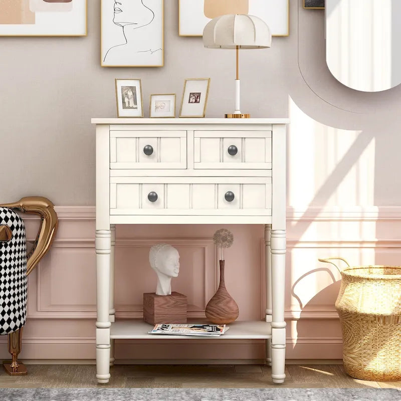 Console en bois, table basse avec tiroirs de rangement et étagère