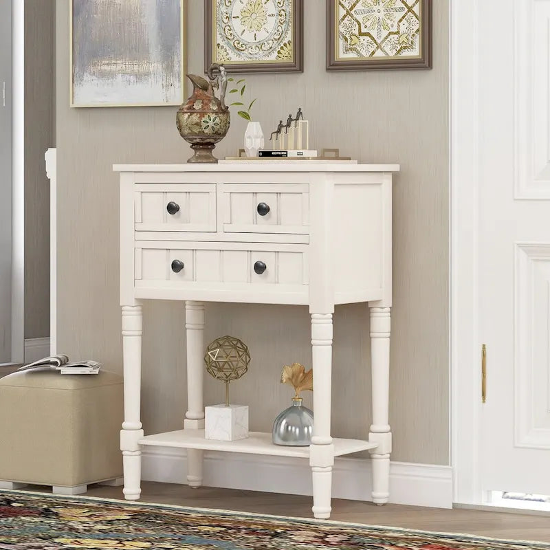 Console en bois, table basse avec tiroirs de rangement et étagère