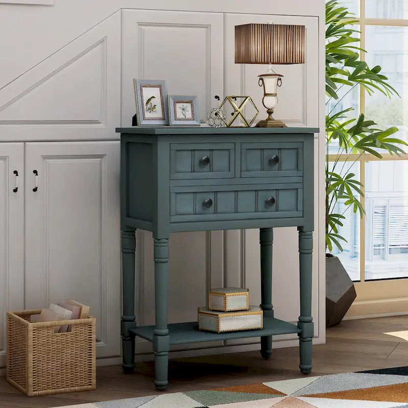 Console en bois, table basse avec tiroirs de rangement et étagère