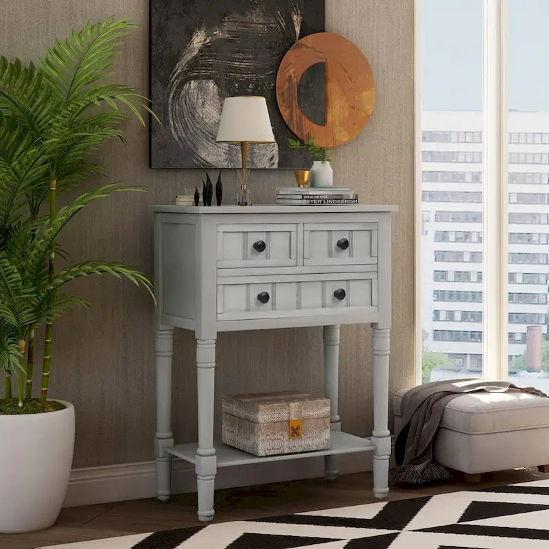 Console en bois, table basse avec tiroirs de rangement et étagère