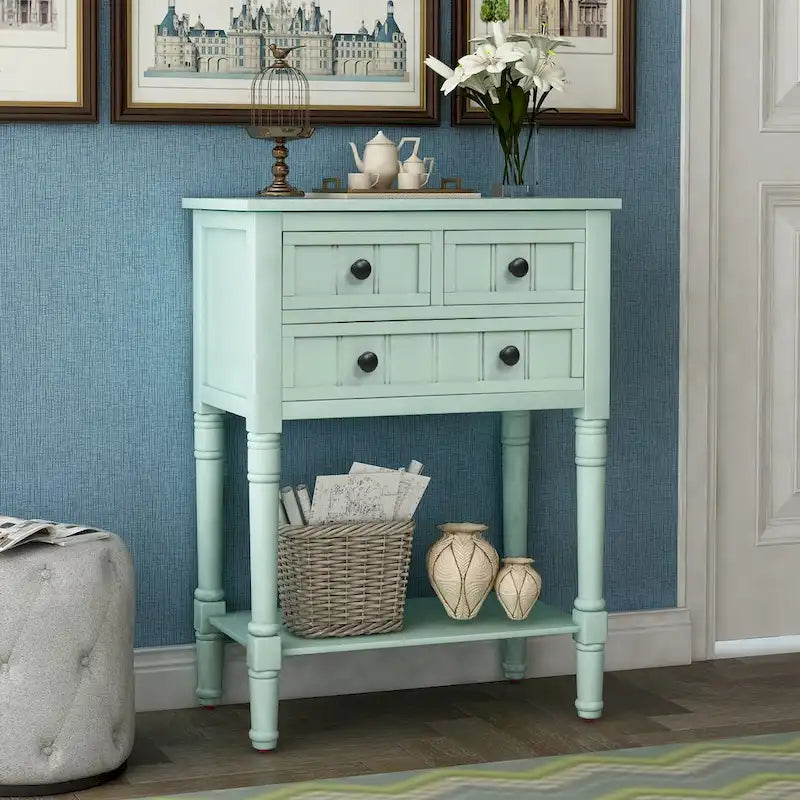 Console en bois, table basse avec tiroirs de rangement et étagère