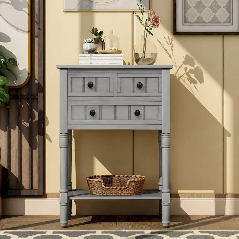 Console en bois, table basse avec tiroirs de rangement et étagère