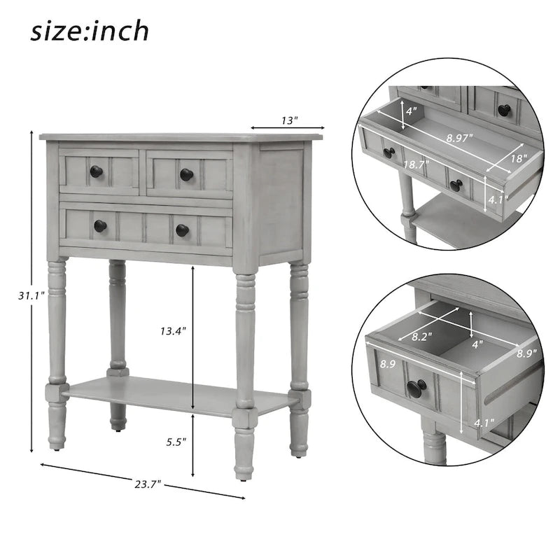 Console en bois, table basse avec tiroirs de rangement et étagère