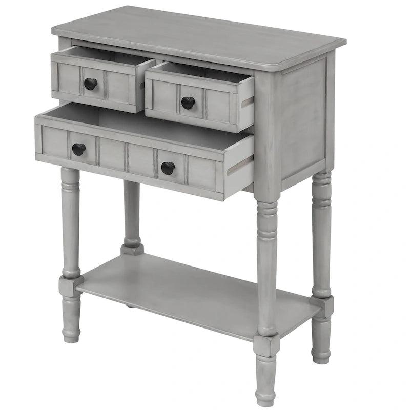 Console en bois, table basse avec tiroirs de rangement et étagère