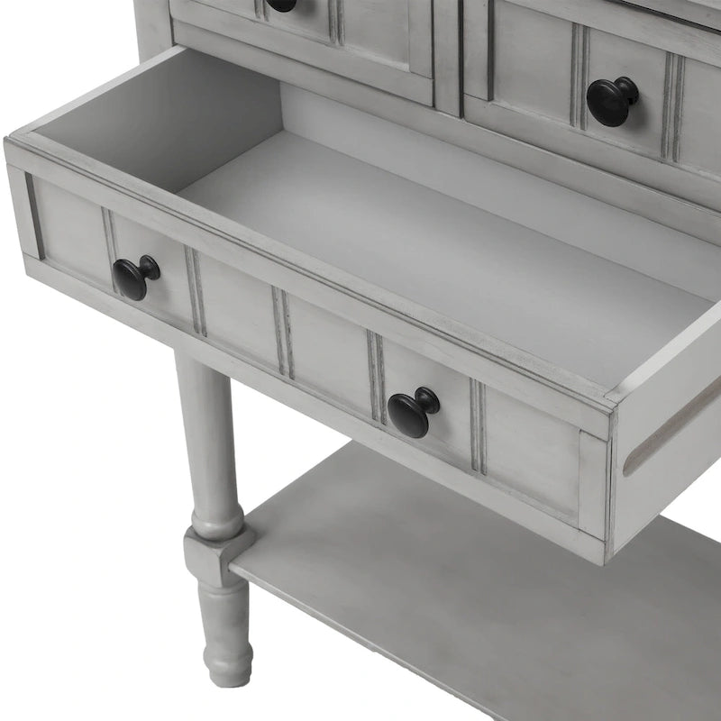 Console en bois, table basse avec tiroirs de rangement et étagère