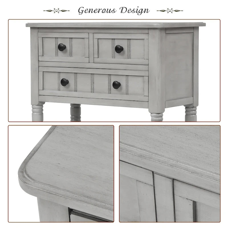 Console en bois, table basse avec tiroirs de rangement et étagère