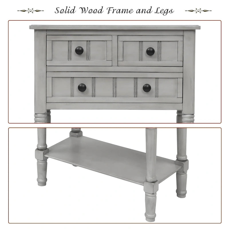 Console en bois, table basse avec tiroirs de rangement et étagère