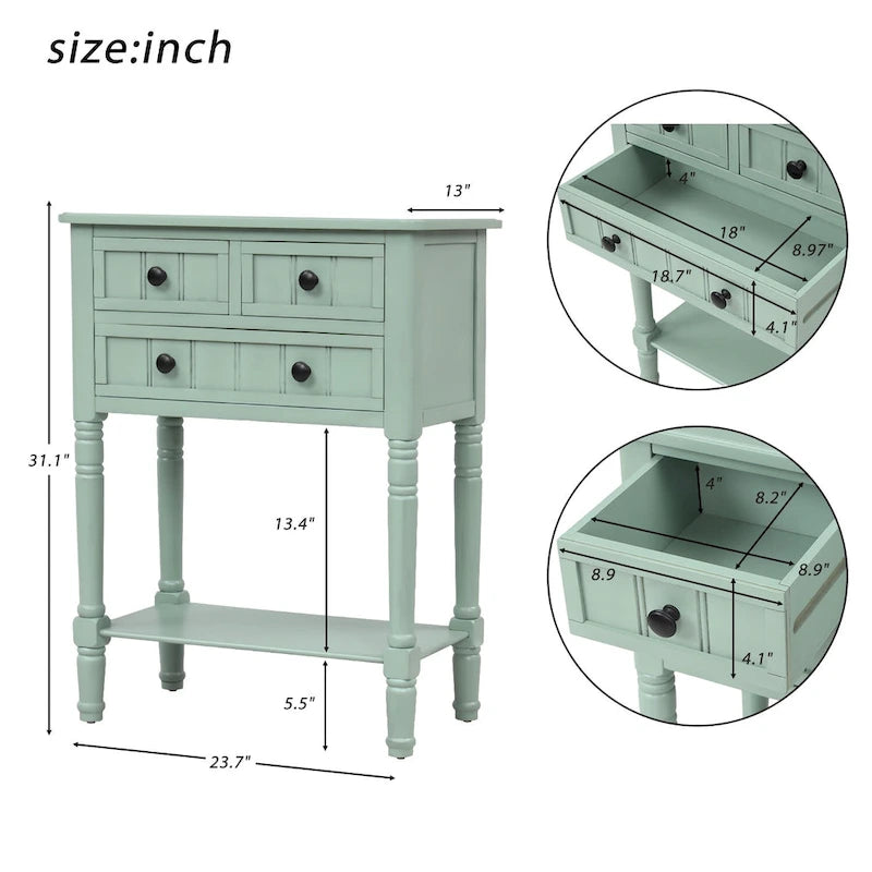 Console en bois, table basse avec tiroirs de rangement et étagère