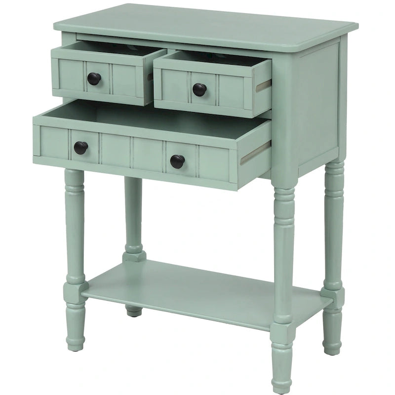 Console en bois, table basse avec tiroirs de rangement et étagère