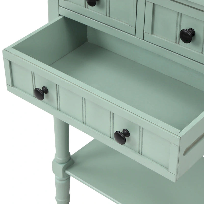 Console en bois, table basse avec tiroirs de rangement et étagère