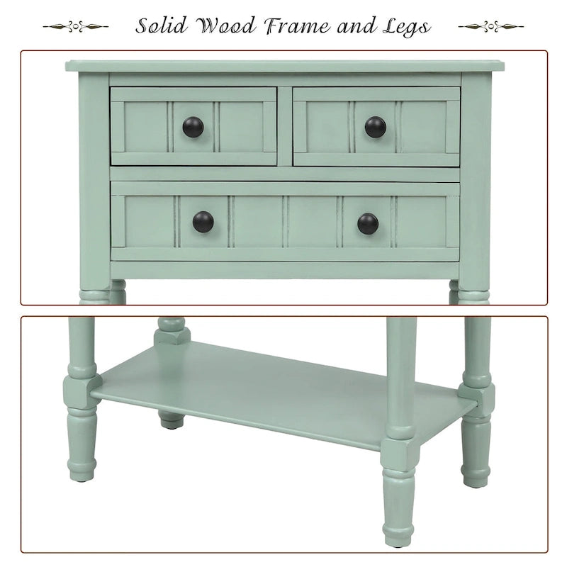 Console en bois, table basse avec tiroirs de rangement et étagère