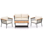 Costway 4 PCS Patio Furniture Set with 2-Tier Coffee Table Acacia Wood Armrests Tabletop