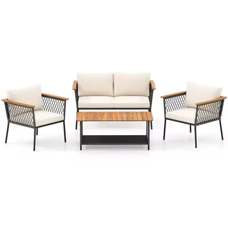 Costway 4 PCS Patio Furniture Set with 2-Tier Coffee Table Acacia Wood Armrests Tabletop