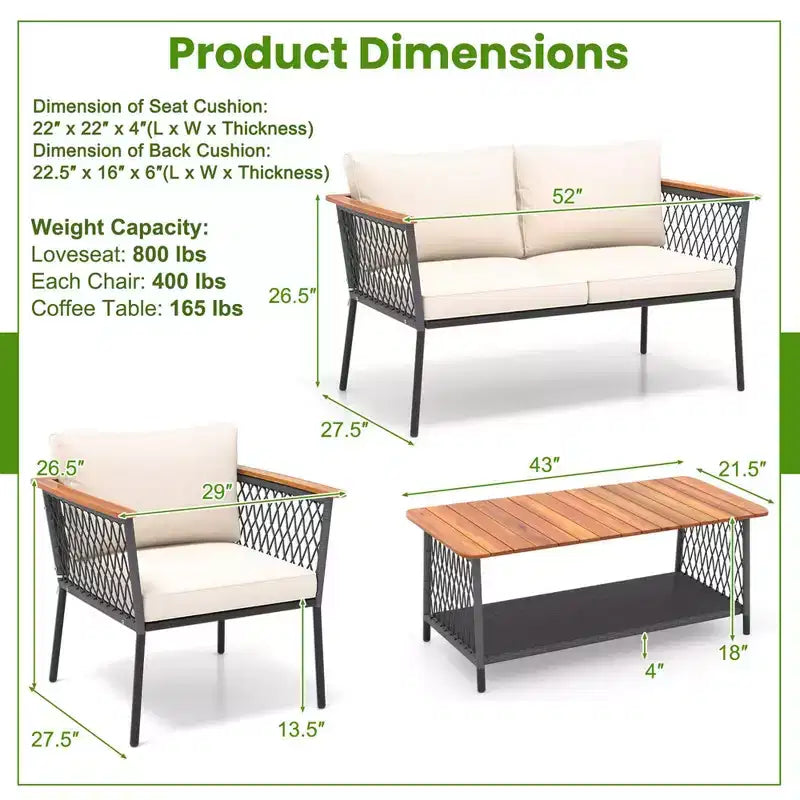 Costway 4 PCS Patio Furniture Set with 2-Tier Coffee Table Acacia Wood Armrests Tabletop