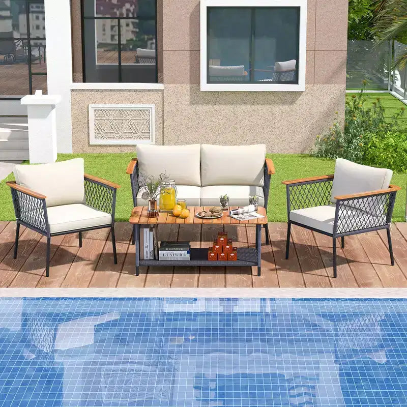 Costway 4 PCS Patio Furniture Set with 2-Tier Coffee Table Acacia Wood Armrests Tabletop