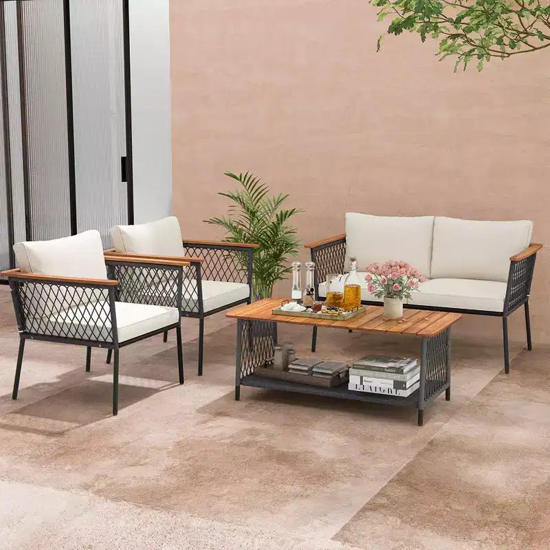 Costway 4 PCS Patio Furniture Set with 2-Tier Coffee Table Acacia Wood Armrests Tabletop
