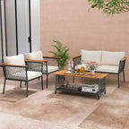 Costway 4 PCS Patio Furniture Set with 2-Tier Coffee Table Acacia Wood Armrests Tabletop