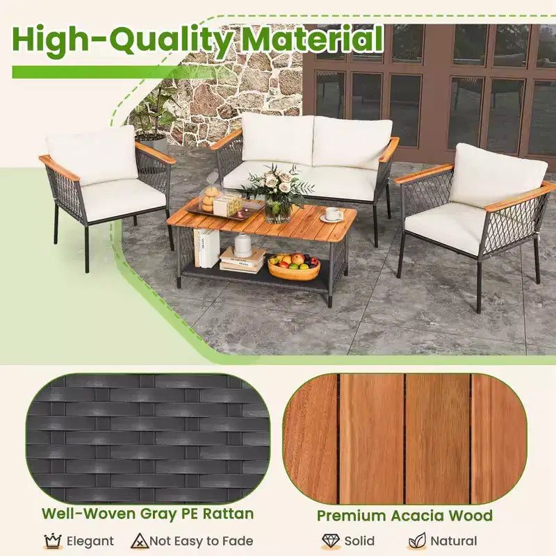 Costway 4 PCS Patio Furniture Set with 2-Tier Coffee Table Acacia Wood Armrests Tabletop