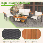 Costway 4 PCS Patio Furniture Set with 2-Tier Coffee Table Acacia Wood Armrests Tabletop
