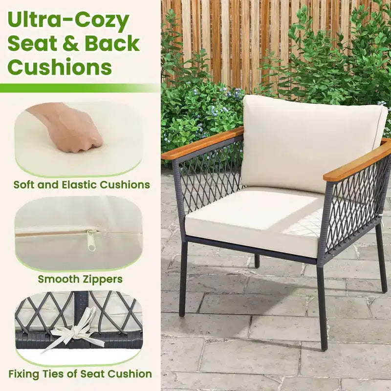 Costway 4 PCS Patio Furniture Set with 2-Tier Coffee Table Acacia Wood Armrests Tabletop