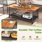 Costway 4 PCS Patio Furniture Set with 2-Tier Coffee Table Acacia Wood Armrests Tabletop