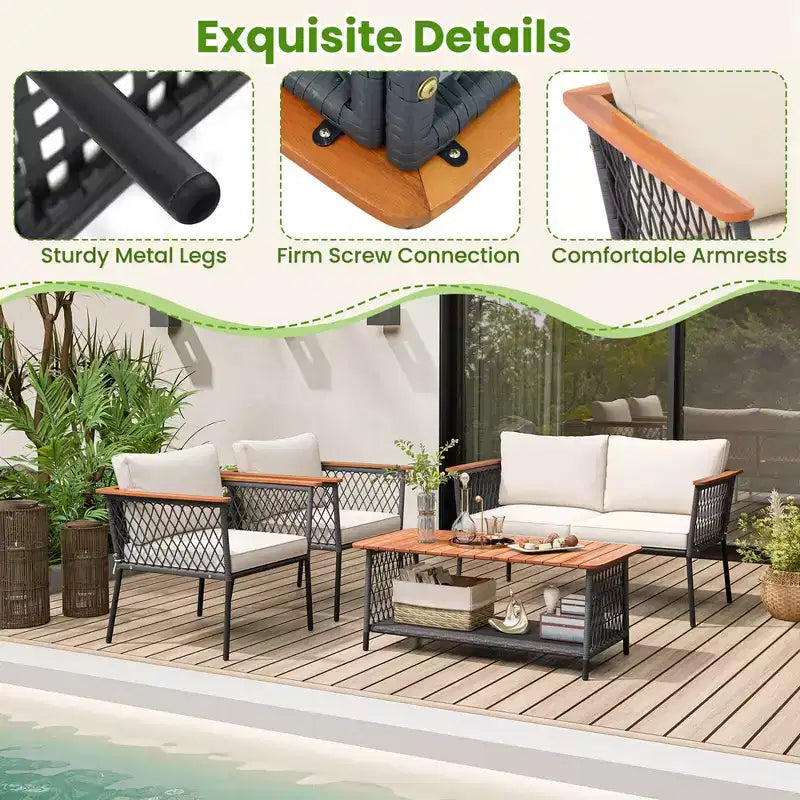 Costway 4 PCS Patio Furniture Set with 2-Tier Coffee Table Acacia Wood Armrests Tabletop