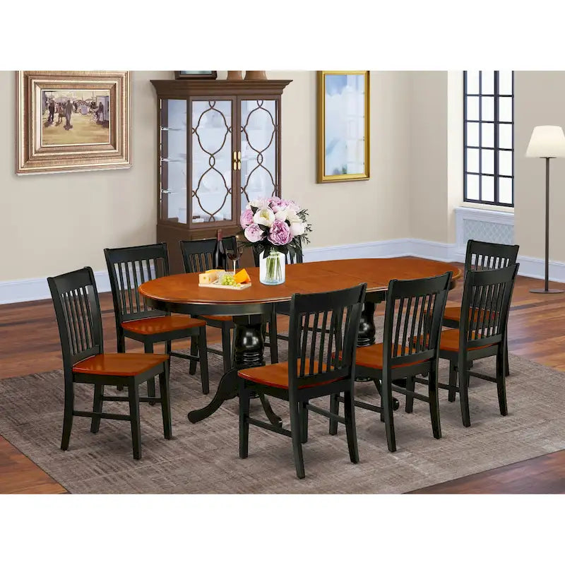 East West Furniture Dining Table Set- an Oval Dining Room Table and Wooden Seat Chairs, Black & Cherry (Pieces Options)