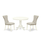 East West Furniture Ensemble de table à manger 3 pièces - une table de cuisine avec piédestal et 2 chaises Parsons en tissu de lin (options de finition)