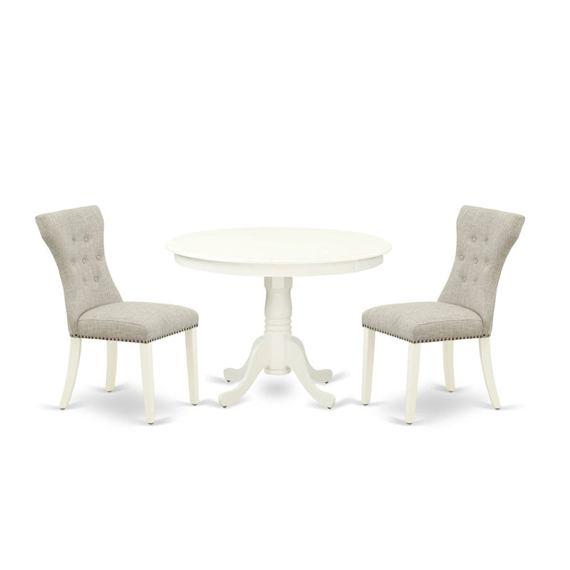 East West Furniture Ensemble de table à manger 3 pièces - une table de cuisine avec piédestal et 2 chaises Parsons en tissu de lin (options de finition)