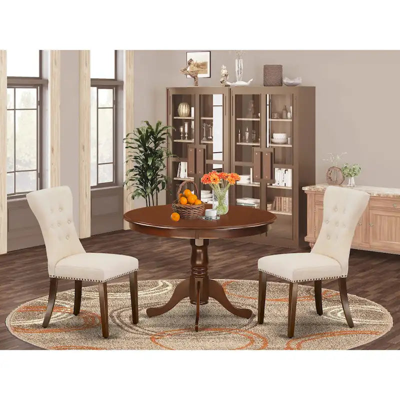 East West Furniture Ensemble de table à manger 3 pièces - une table de cuisine avec piédestal et 2 chaises Parsons en tissu de lin (options de finition)
