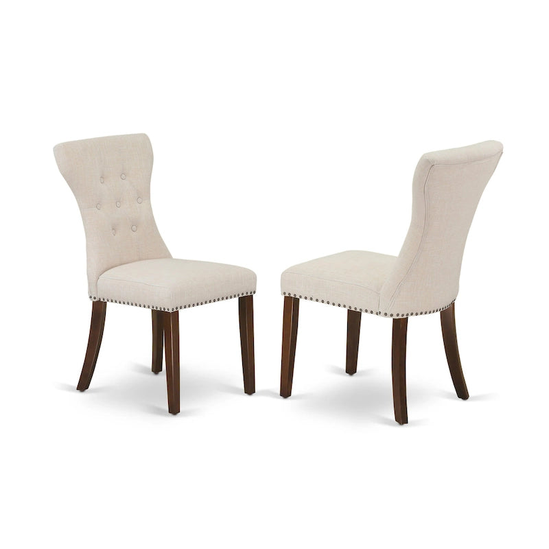 East West Furniture Ensemble de table à manger 3 pièces - une table de cuisine avec piédestal et 2 chaises Parsons en tissu de lin (options de finition)