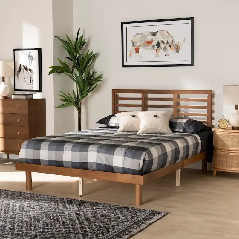 Lucine Mid-Century Modern Ash Walnut Finished Wood Platform Bed