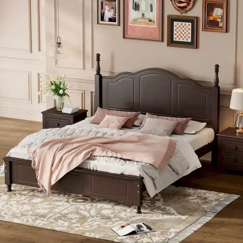 VIENO HOME Cadre de lit plateforme rétro en bois Queen/Grand Lit avec support à lattes en bois, pas besoin de sommier tapissier