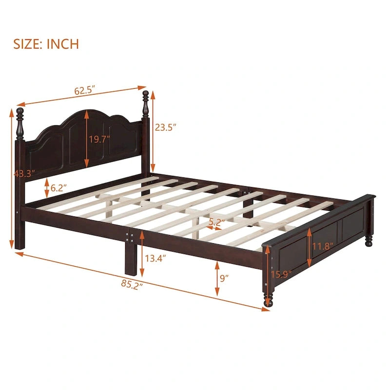 VIENO HOME Cadre de lit plateforme rétro en bois Queen/Grand Lit avec support à lattes en bois, pas besoin de sommier tapissier
