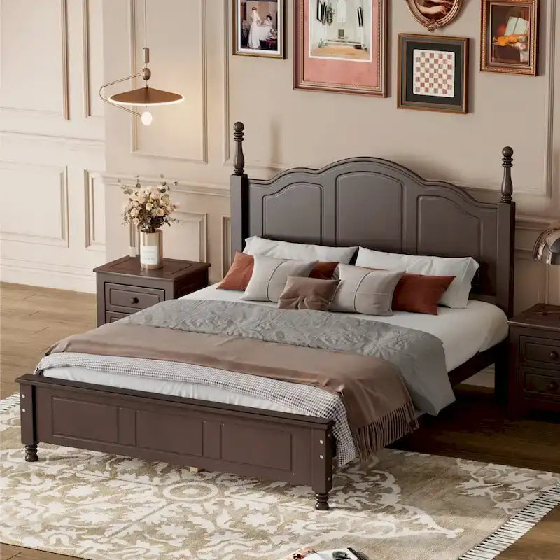VIENO HOME Cadre de lit plateforme rétro en bois Queen/Grand Lit avec support à lattes en bois, pas besoin de sommier tapissier